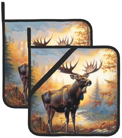 Topflappen mit Elch-Hirsch-Motiv, hitzebeständig, Set mit 2 quadratischen Topflappen, wasserdicht
