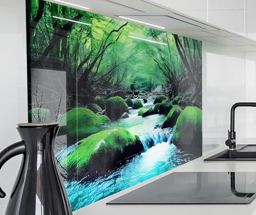timalo Spritzschutz Wand für Herd, Küche Küchenrückwand Glasoptik | Acryl Glas 2mm | Glasrückwand Acrylglas Wandpaneele Rückwandschutz Platte | 60x52cm Kristallklarer Waldbach