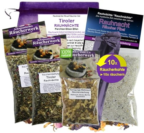 Rauhnächte räuchern 8-TLG Räucherset Tiroler RAUHNACHT 3X Räucherwerk, REINIGUNGS-WEIHRAUCH, Räucherkohle, Anleitung, Zubehör, Rauhnachtfibel, Täschchen 95740-X2RWR