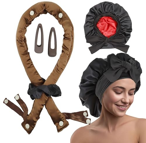 Neuer Lockenstab aus Satin ohne Hitze - 3 Möglichkeiten, das Haar zu locken, Locken ohne Hitze über Nacht föhnen, Lockenstab-Set ohne Hitze mit Satinhaube zum Schlafen (brown&black, one size)
