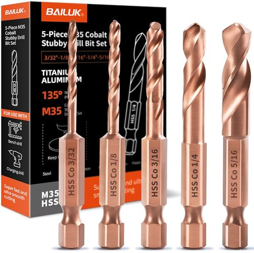 M35 Cobalt Stubby Drill Bit Set for Metal & Stainless Steel, SAE Sizes 3/32-1/8-3/16-1/4-5/16, 5-Piece Carbide Drill Bits with 1/4 Hex Shank for Quick Chucks & Impact Drivers