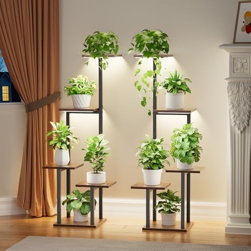 POZILAN Lot de 2 étagères à plantes avec lumière de croissance - 5 niveaux - En métal - Pour l'intérieur et l'extérieur - Noir - Pour l'intérieur et le balcon