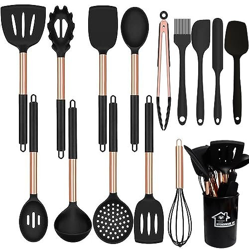 Silicone Cooking Utensils Set 15 Piece Silicone Spatula Set with Rose Gold Stainless Steel Handle Kitchen Tools for Nonstick Cookware