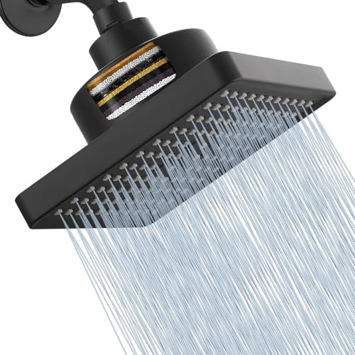 Rain Shower Head with Filtered, 6 Inch Rainfall Shower Head High Pressure, Adjustable Waterfall Filter Showerhead with 2 Filter, Square Fixed Shower Heads for Hard Water, Replacement Chrome (Black)