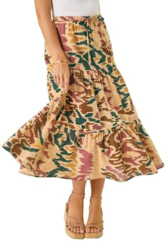 Roman Originals Gypsy Maxi Skirt for Women UK Ladies Tiered Bohemian Long Ankle Length Cotton Elasticated Waistband High Waist Monochrome Lounge Lightweight Holiday - Petite Multi - Size 16