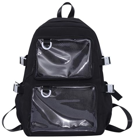 Thewasc Zaino in nylon giapponese per studenti universitari di grande capacità con display a pin anime tasche trasparenti zaino da scuola con cerniera Itabag Itabag Zaino trasparente