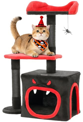 PawHut Gothic Cat Tree, Cat Climbing Tower, Scratching Posts, 83cm, Black | Multilevel, Devil-Face Condo, Platform, Bed, Spider Toy, Indoor Kitty Activity Centre, Halloween