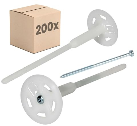 PROTEKTOR 200x Cheville à visser pour isolation Ø8 x 260mm | Cheville ITE pour isolation de façade, pour polystyrène et laine minérale, cheville à rosette, cheville isolante