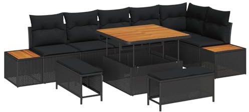 Runheo Gartensofa-Set 9-teilig Schwarz, Poly-Rattan & Akazienholz, Outdoor Möbel mit Kissen, Eckbank Lounge für Terrasse, Balkon, Garten, 8 Sitzplätze
