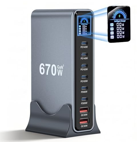 Puiseno 670W USB C Ladegerät, 8 Port Laptop Ladegerät Mehrfach(6C+2A), LCD Display GaN Schnellladegerät Netzteil, 140W PD Charger Kompatibel mit MacBook Pro/Air, iPhone 17/16/15, Galaxy S25 usw (670W)