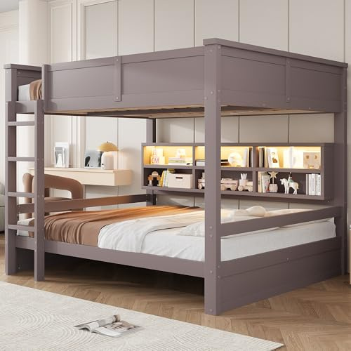 staronce Etagenbett 160x200 cm mit Stauraum & LED-Licht – Hochbett aus Massivholz Kiefer, braun, mit Schränken, Lattenrost, stabil & sicher – für Kinder & Erwachsene, 200 kg belastbar