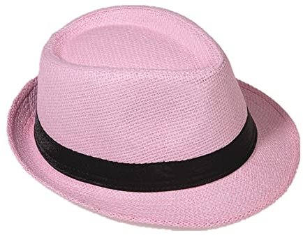 Strohhut Panama Fedora Trilby Gangster Hut Sonnenhut mit Stoffband Farbe:-Rosa (Strohhut) Gr:-58