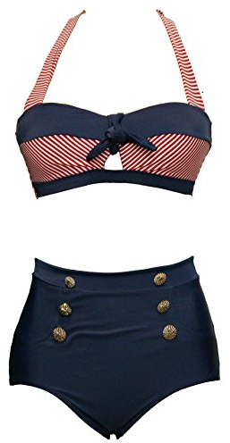 Bslingerie® - Costume da Bagno da Donna, Stile Retrò, 2 Pezzi, a Vita alta Rosso a strisce L