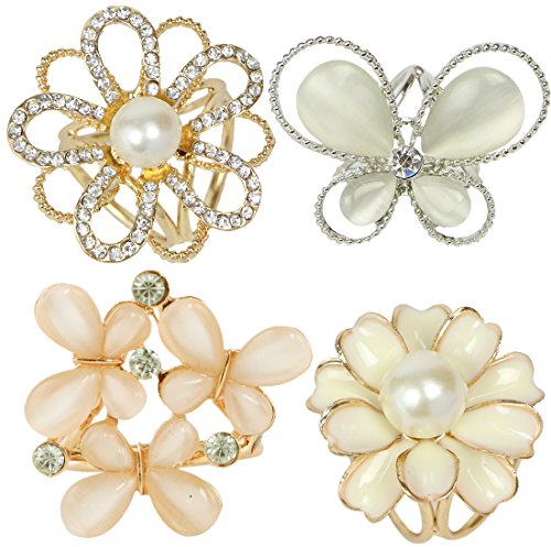 kilofly 4pc Women's Elegant Faux Pearl Crystal Rhinestone Scarf Ring Buckle Clip