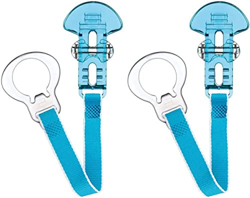 MAM Dummy Clip | 2 Pack | Baby Soother Clips Fit All MAM Soothers | Adjustable Length and Lightweight Design | Baby Accessories | White with Blue Strap | Dummies Not Included