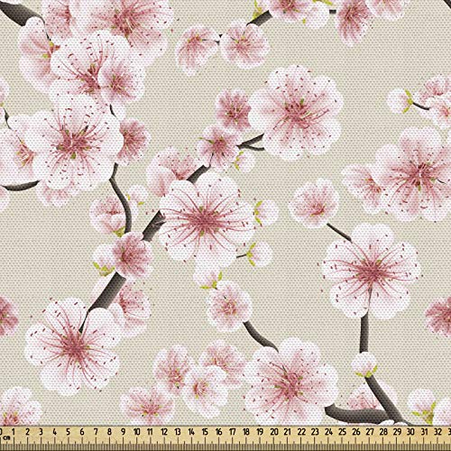 ABAKUHAUS asiatisch Gewebe als Meterware, Blühende Kirschblüten, Dicht Gewebter Stoff zum Nähen Polster Wohnaccessoires, 3M (148x300cm), Beige Puder Rosa