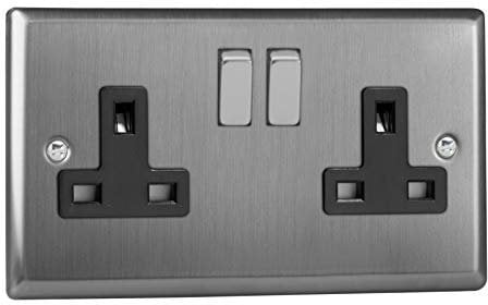 Varilight 2-Gang 13A Double Pole Switched Socket Brushed Steel