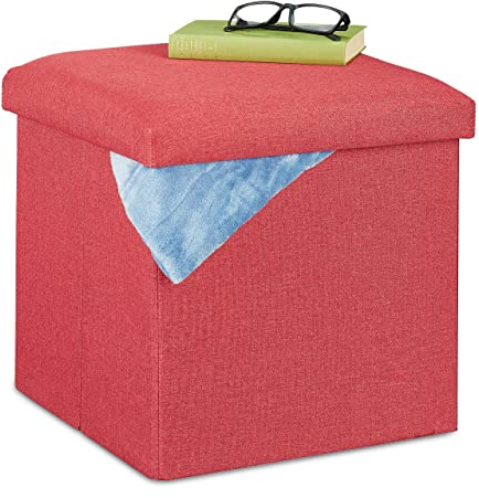Relaxdays Sitzhocker mit Stauraum, faltbar, weich gepolstert, eckig, Stoff, Sitzwürfel, HBT: 37 x 37,5 x 37,5 cm, rot