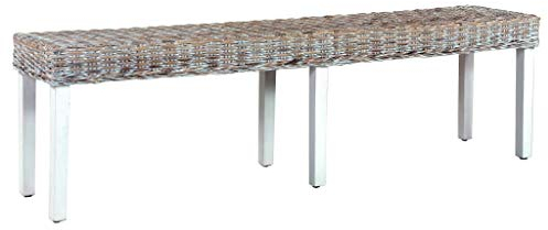 Bulufree Sitzbank 160 cm Bettbank Polsterbank Küchenbänke Esstischbänke für den Innenbereich Weiß Natur Kubu-Rattan und Massivholz Mango