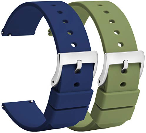TStrap Montre Bracelets Silicone 22mm - Bracelet de Montre à Dégagement Rapide Caoutchouc Bleu Vert Hommes Femmes Sport - Bracelets de Montres étanche pour Smartwatch Boucle Argent - 18mm 20mm