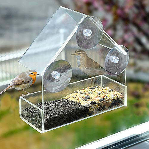 Window Bird Feeder Clear Acrylic Hanging Bird Feeder with 3 Strong Extra Suction Cups and Seed Tray for Small Birds Decorate Your House (15x15x7cm)