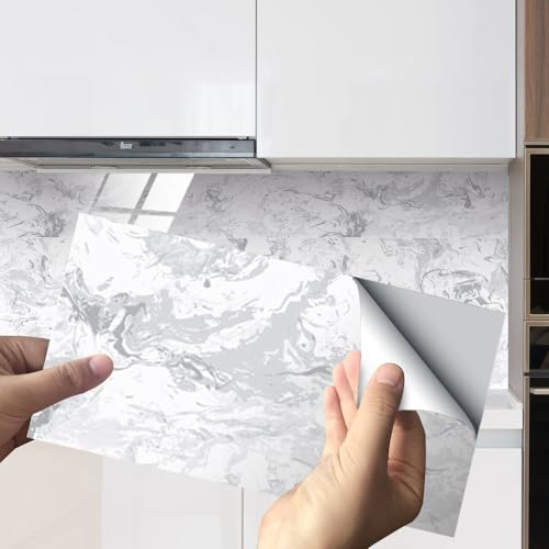 HORIWE Marble Tile Stickers 16pcs for Bathroom Kitchen Backsplash Waterproof Oil Proof DIY Self Adhesive New PVC Wall Stickers Home Decor 12x6 Inches