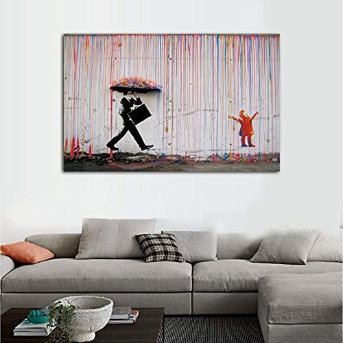 Bilder auf Leinwand Banksy Walking In The Color Regen Straße Graffiti Kunst Gemälde Wand Poster und Drucke für Wohnzimmer Dekor 80x140cm (32x55in) Ungerahmt2