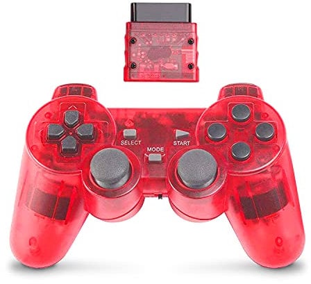 Wireless Controller for PS2 Dual Shock, Gamepad Remote Compatible with Playstation 2 (Clear Red)