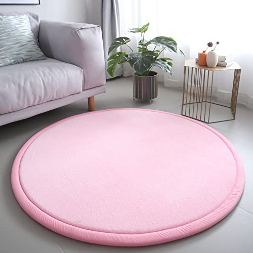 Loartee korallenrote Samtmatte Teppich Rund, als Krabbeldecke fürs Kind,2,5cm Dicker Kinderteppich,Zartes Rosa,180cm