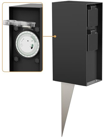 ledscom.de Garten-Steckdosensäule POMI mit Erdspieß für außen, IP44, Timer/Zeitschaltuhr, 2-Fach, schwarz, eckig, 23cm