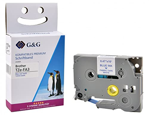 G&G Schriftband kompatibel mit Brother TZe-FA3 XL Textil Aufbügelband (12mm x 5m) blau auf weiß - (Länge 5 Meter)