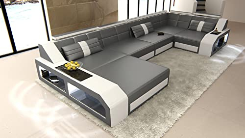 Sofa Wohnlandschaft Arezzo U Form Leder - mit LED Beleuchtung, verstellbare Kopfstützen, Recamiere/Lederfarben wählbar/Ausrichtung Ottomane wählbar (Ottomane Links, Grau-Weiß)
