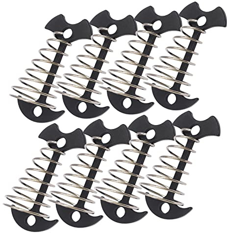 Bytiyar Zeltheringe aus Aluminiumlegierung, 7,6 cm, Fischgräten-Zeltheringe mit Federseilschnalle, Haken, Kordel-Einsteller, Spanner-Set für Camping auf Holzplattform, schwarz, 8 Stück