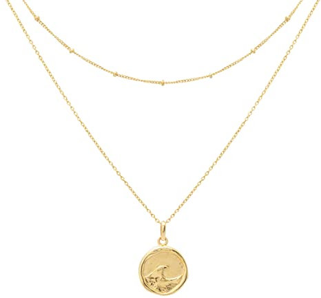 float Collana da donna in oro a doppio petto con ciondolo in argento sterling 925 e placcato oro 18 carati, lunghezza regolabile, Argento sterling Ottone