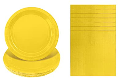 Solid Color Yellow Tableware Set Decor,20 Paper Napkins 16 Paper Plates in Yellow,Disposable Paper Tableware Napkins and Plates Birthday Decorations for Him,Her,Men,Women,Adults Party,Kids Party