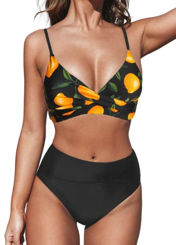 CUPSHE Women's Twist Front High Waisted Bikini Set V Neck Padded Two Pieces Bathing Suits Swimsuits Black/Lemon S