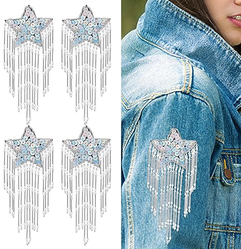 INFUNLY 4pcs Sequin Star Patches with Beads Tassels Sew On Star Appliques Sparkling Embroidered Patches Pentagram Sequin Applique Patch for Clothing Dress Hats Bags Jacket Shoes Garment DIY Decor