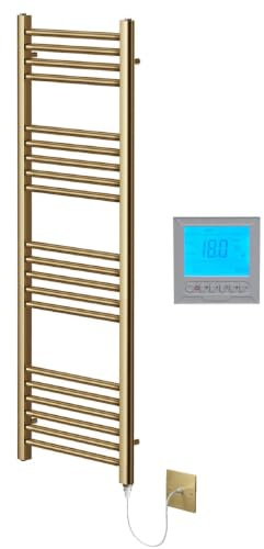 Greened House Brushed Brass Electric Towel Rail 300mm W x 1200mm H + Timer | Includes 7 Day Timer/Thermostat, Heated, Flat, Bathroom, Straight, Towel Warmer