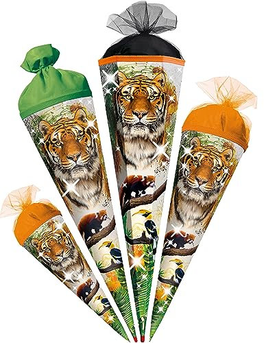 alles-meine.de GmbH Schultüte - Tiger & Zootiere 35-85 cm Größe wählbar - mit/ohne Holzspitze - Zuckertüte - Tüllabschluß/Filzabschluß - eckig/rund - Mädchen Jungen -..
