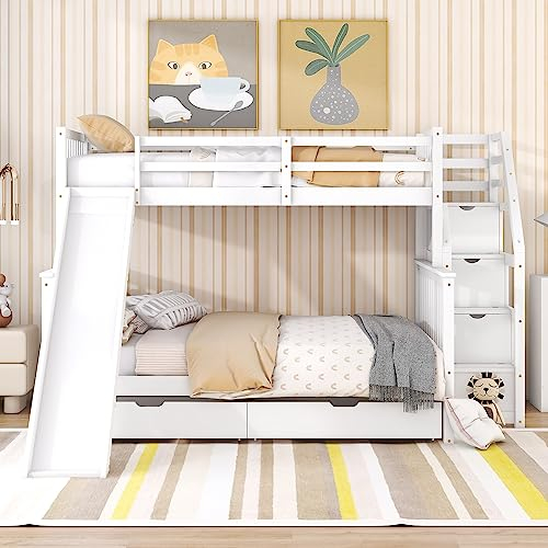 Etagenbett für Kinder mit Schubladen, Stauraum und Kufen Mehrzweck weiß 90 x 200 über 140 x 200
