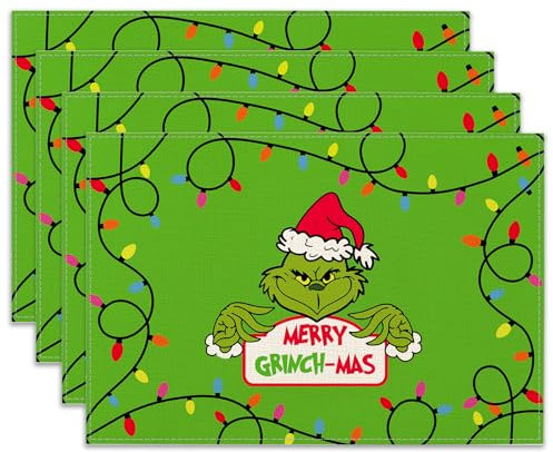 Ohok Weihnachten Tischsets Abwaschbar 4er Set, Polyester Leinen Platzdeckchen 30x45cm, Weihnachten Tischuntersetzer Platzsets für Küche Speisetisch Hotel Weihnachts Tischdeko (Merry GRICHS-Mas)