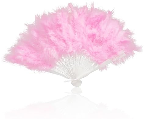 Rumyve Folding Handheld Feather Fan, 1 piece 1920s Vintage Folding Fan, Photo Shoot Halloween Dance Wedding Party Retro Party Dance Tea Party (Pink)
