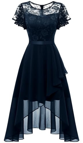 Wedtrend Ballkleider Abendkleider Damen Spitze Cocktail Kleid Festlich Damen Brautjungfernkleider Kurz Vokuhila Kleid Festliche Kleider Für Hochzeit WT0303NavyL