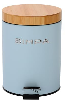 simpa 5L 5 Litre Matt Light Blue Slim Soft-Closing Pedal Dustbin with Bamboo Lid