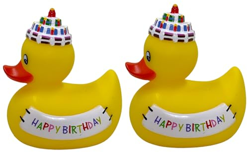 MIJOMA 2er Set Badeenten Badewannenspielzeug, Handbemalt & Latexfrei, Perfekt für Partys, Geburtstage, Weihnachten, Baby-Partys & Mehr – Tolle Badezimmerdekoration, 8 cm Hoch (Happy Birthday)