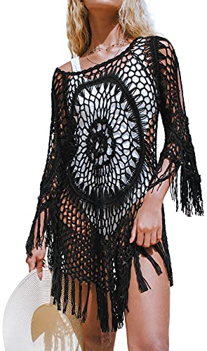 CUPSHE Damen Bikini Cover Up Fransen Lochmuster Mini Strandkleid Sommer Sexy Cutout Beach Crochet Cover Up Schwarz M