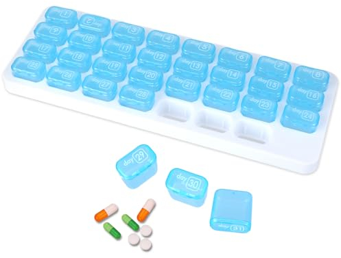 WLLHYF Monatliche Reise-Pillendose mit 31 Fächern, Pillen-Organizer, 1 Stück, tragbare Monatsbox, Medizin-Organizer, Behälter, Vitamin-Behälter, Halter für Outdoor, Reisen, Camping (Blau)