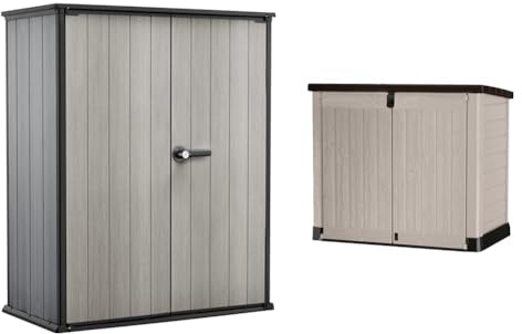 KETER Armoire extérieure HIGHSTORE Plus Gris - 1400 litres & Abri Horizontal Range Poubelle SIO Pro - 1200 litres - Beige