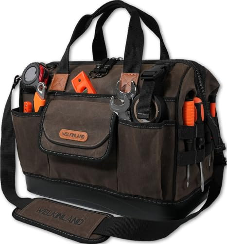 WELKINLAND Werkzeugtasche aus gewachstem Segeltuch mit 45 Fächern, 40,6 cm, robuste Werkzeugtasche für Elektriker, Werkzeugtasche mit hartem Boden, große offene Techniker-Werkzeugtasche,