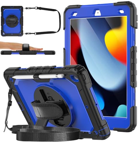 DAORANGE Case for iPad 9th/ 8th/ 7th Generation (iPad 10.2 Inch 2021/2020/2019), Shockproof Case with Screen Protector, 360° Rotating Stand, Hand Strap & Shoulder Strap for iPad 9/8/7 (Blue)